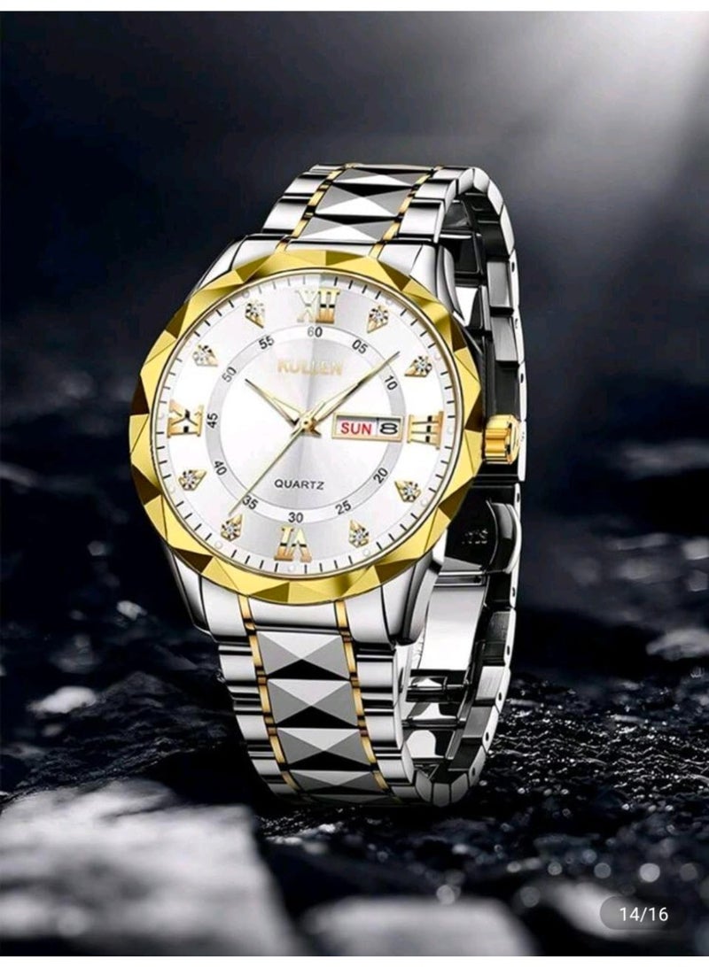 KULLEN Men's Casual Business Quartz Watch With Calendar, Stainless Steel Strap (Gold) - Image 4